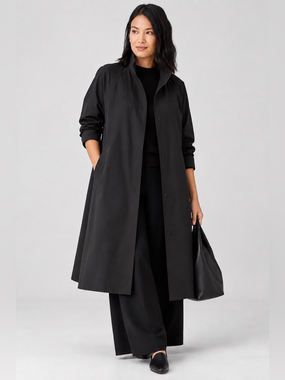 Eileen Fisher light cotton nylon stand collar in BLACK